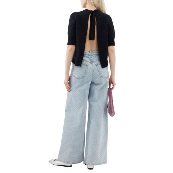 NWT Self-Portrait Blue Rhinestone Wide-Leg Jeans Size 27 - Picture 5 of 16